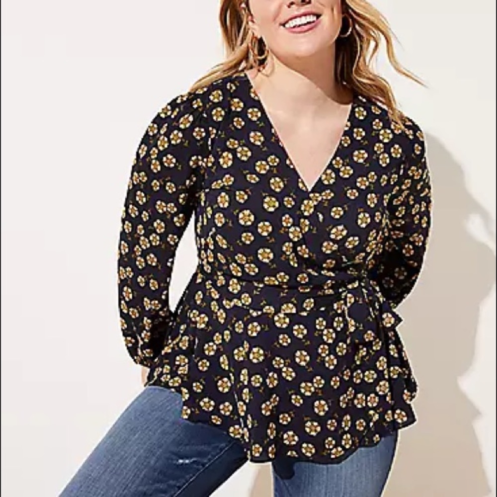 LOFT Navy Daisy Wrap Top